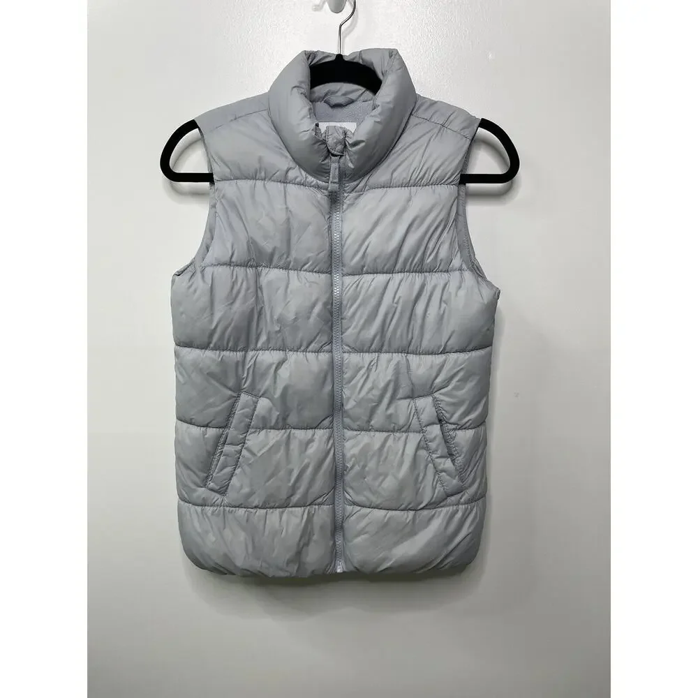 Old Navy Girls XL (14)‎ Puffer Vest Full Zip Grey Blue Fleece Lined Snow Skiing